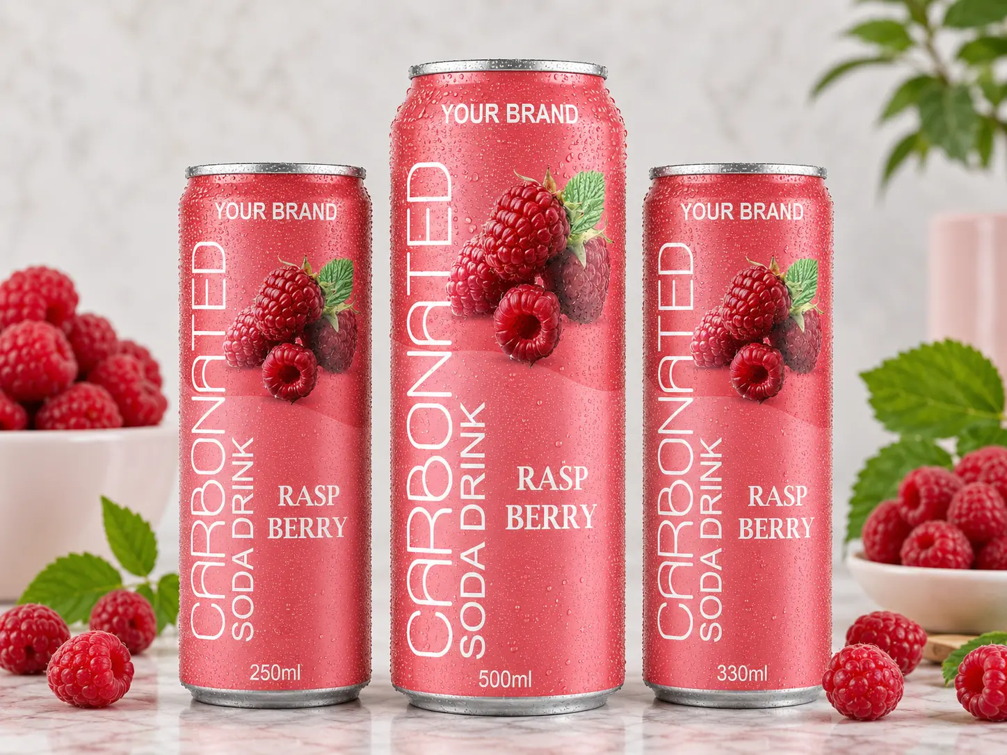 CARBONATED SODA DRINK Raspberry flavour in 250ml, 500ml and 330ml cans.